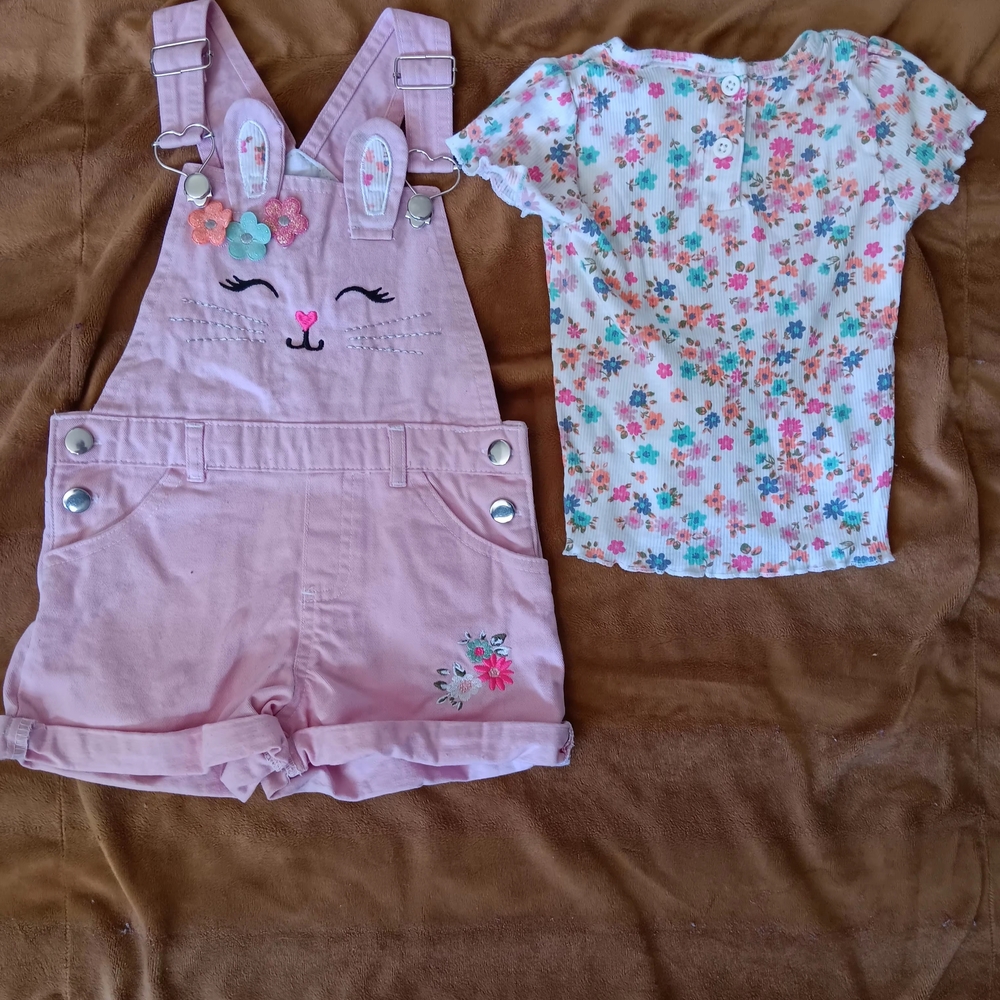 Pink Bunny Embroidered Girls' Short Overalls - Kids Bottoms